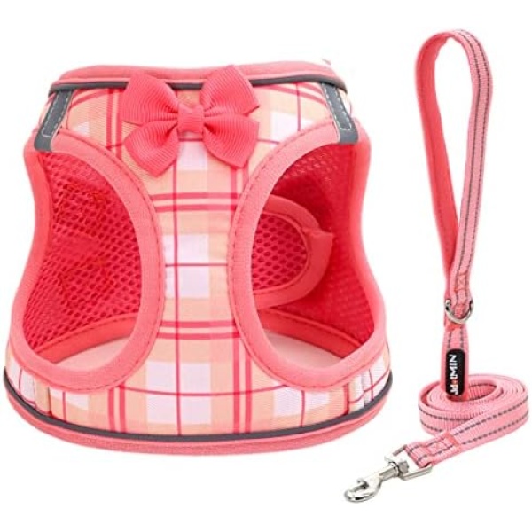 JdotMIN Plaid Step-in Dog Harness and Leash Set, for Small Dog and Cat Vest Harness No Pull, Escape Proof, for Walking Puppy and Kitten, for Travel and Car, Harnais Pour Chien (Pink, S)