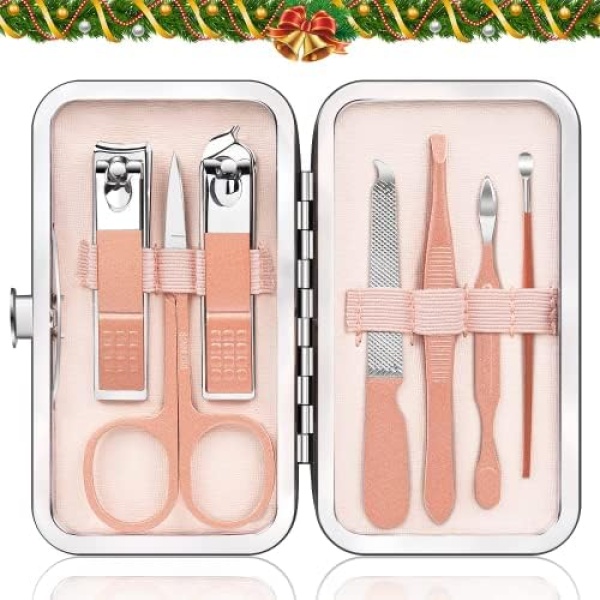 Jiasheng Nail Clipper Kit Manicure Pedicure Kit Nail Clippers Set 7 in1 Portable Travel Grooming Kit, Rose Gold