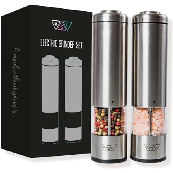 KSL Electric Salt and Pepper Grinder Set - Christmas Gift Idea - Adjustable Motorized Electrical Powered Auto Shakers Holiday kit - Automatic Power Mill - Automated Battery Operated Electronic Crusher