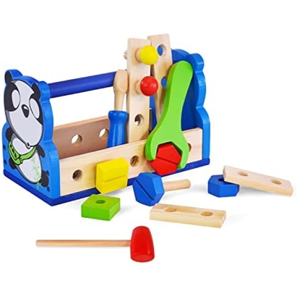 Kids Tool Box, Wooden Pretend Play Toy Set with Colorful Tools, Construction Toy Kit, for 3+ Age Toddler Boys Girls