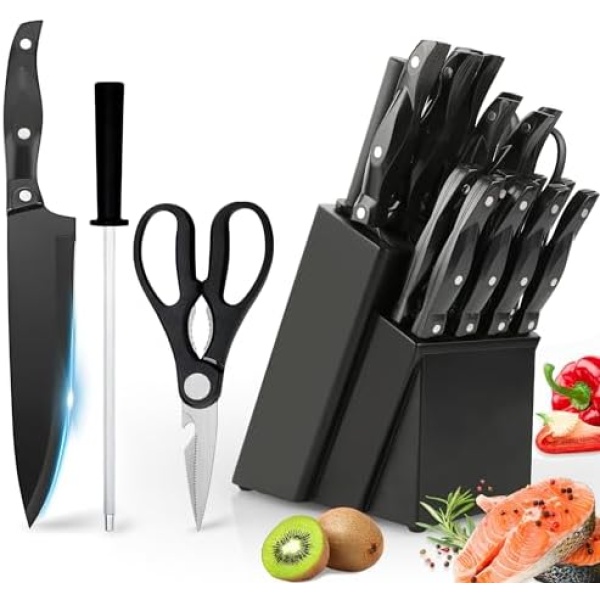 Knife Set, Meythway Kitchen Knife Set 19-Piece with Wooden Block, Premium Stainless Steel Knife Block Set, Dishwasher Safe Kitchen Knives, Ultra Sharp, Full-Tang Design with Black Coating