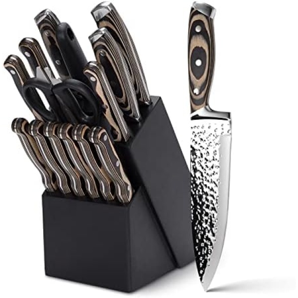 Knife Set,15 Pieces Kitchen Knife Set with Wooden Block,High Carbon Japanese Stainless Steel Knife Block Set,Ultra Sharp, Full-Tang Design ,Irregular Hammer Pattern