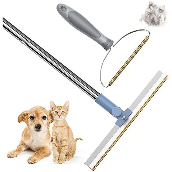 Kopration Pet Hair Remover Bundle-Ajustable Longth Large Carpet Rake&Portable Carpet Scraper Clothes Fuzz Rollers Hairball Shaver Brush for Carpets, Car Mat, Couch, Pet Bed, Furniture & Rug