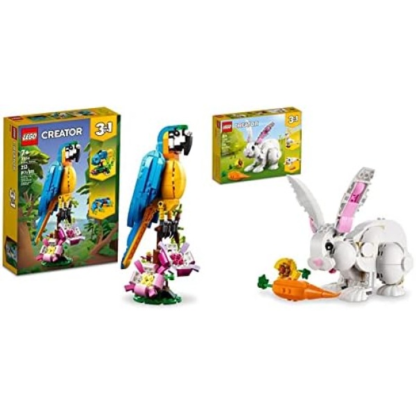 LEGO Creator 3 in 1 Exotic Parrot to Frog to Fish 31136 Animal Figures Building Toy & Creator 3-in-1 White Rabbit Animal Toy Building Set 31133, STEM Toy for Kids 8+