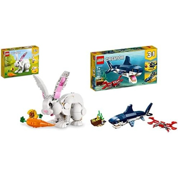 LEGO Creator 3-in-1 White Rabbit Animal Toy Building Set & Creator 3in1 Deep Sea Creatures 31088 Shark, Crab, Squid or Angler Fish Sea Animal Toys, Figures Set