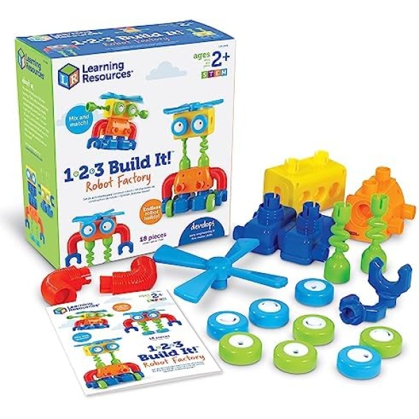 Learning Resources 1-2-3 Build It Robot Factory, Fine Motor Toy, Robot Building Set, Ages 2+