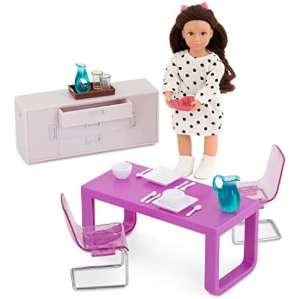 Lori – Mini Doll & Toy Dining Room Furniture – 6-inch Doll & Dollhouse Accessories – Table, Chairs, Dishes, Cutlery – Play Set for Kids – 3 Years + – Amelia’s Dining Room Set