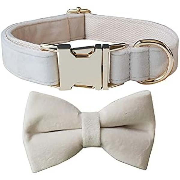 Love Dream Bowtie Dog Collar, Velvet Dog Collars with Detachable Bowtie Metal Buckle, Soft Comfortable Adjustable Bow Tie Collars for Small Medium Large Dogs (Large, White)