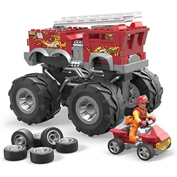 MEGA Hot Wheels Monster Truck Building Toy Playset, 5-Alarm Fire Truck with 284 Pieces and Giant Wheels, 1 Micro Action Figure, Red, Age 5+ Years