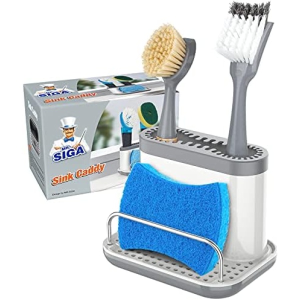 MR.SIGA Sink Caddy, Kitchen Sink Organizer Sponge Brush Holder with Drip Tray, White & Gray