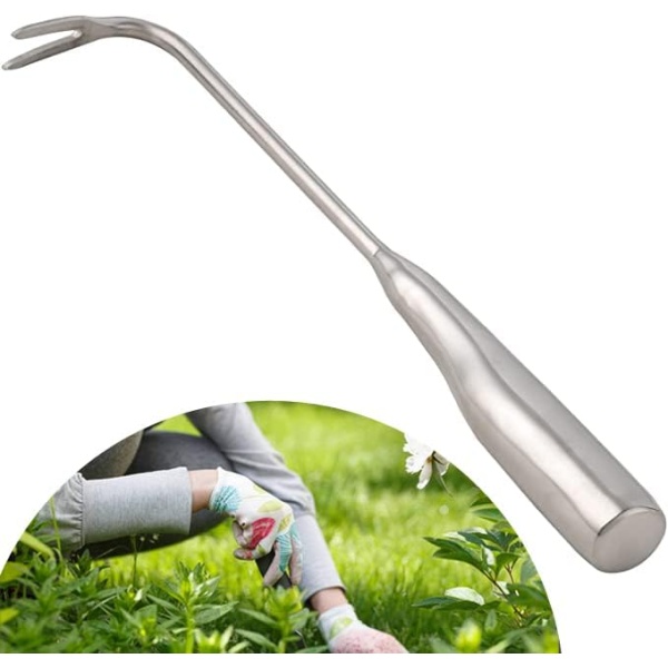 Manual Hand Weeder - 2 Prongs Gardening Hand Tools, for Super Easy Weed Removal & Deeper Digging (Full Stainless Steel)