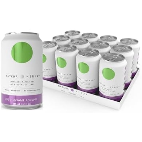 Matcha Ninja UBE FLAVOR 100% Organic, Zero Sugar, Zero Sweeteners, Matcha Energy Sparkling Beverage, 355 mL, Pack of 12