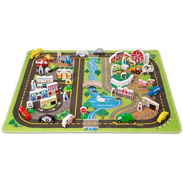 Melissa and Doug Deluxe Activity Road Rug Play Set (49 Wooden Vehicles and Play Pieces, Great Gift for Girls and Boys - Best for 3, 4, 5 Year Olds and Up)