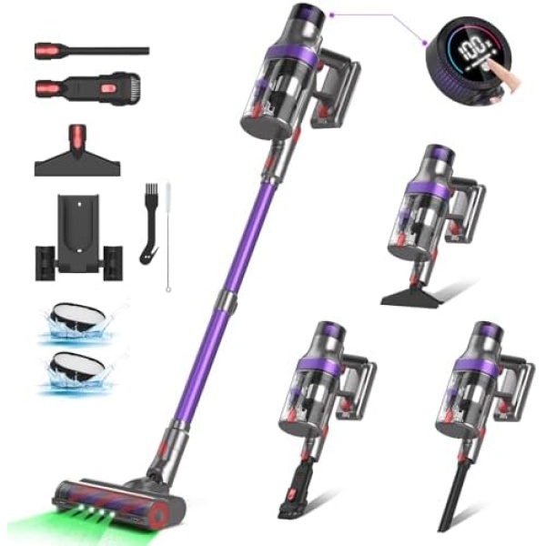 ONSEEN Cordless Vacuum Cleaner 38KPa/530W, S702 Double Layer Cup Stick Vacuum，8-in-1 Powerful Suction Vacuum Cleaners with OLED Intelligent Touch Screen, Up to 65 Minutes Runtime