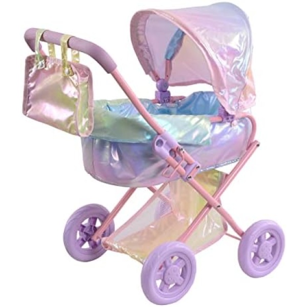 Olivia’s Little World - Baby Doll Bassinet Stroller, Baby Doll Pram Stroller Buggy for 3 Year Old Girls Toddlers, 2 in 1 Deluxe Doll Stroller for up to 16" Dolls, Toy Baby Stroller - Iridescent Color