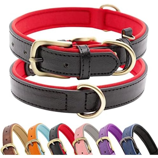 Padded Leather Dog Collar, Soft Breathable Adjustable Waterproof Dog Collar Leather with Durable Metal Buckle for Small and Medium Dogs (Medium, Black/Red)