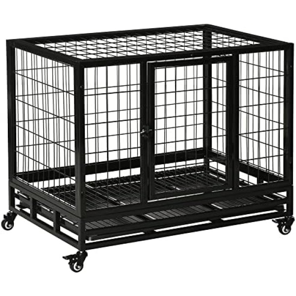 PawHut Heavy Duty Dog Crate Cage for Medium Small Dogs Cats with Two Doors, Lockable Wheels, Removable Tray, 36" x 24" x 29.5"