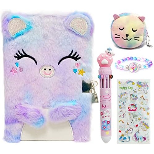 Peifun Cat Plush Diary with Lock and Keys, Cat Fuzzy Notebook Journal Birthday Gift Set For Girls&Kids Ages 14+