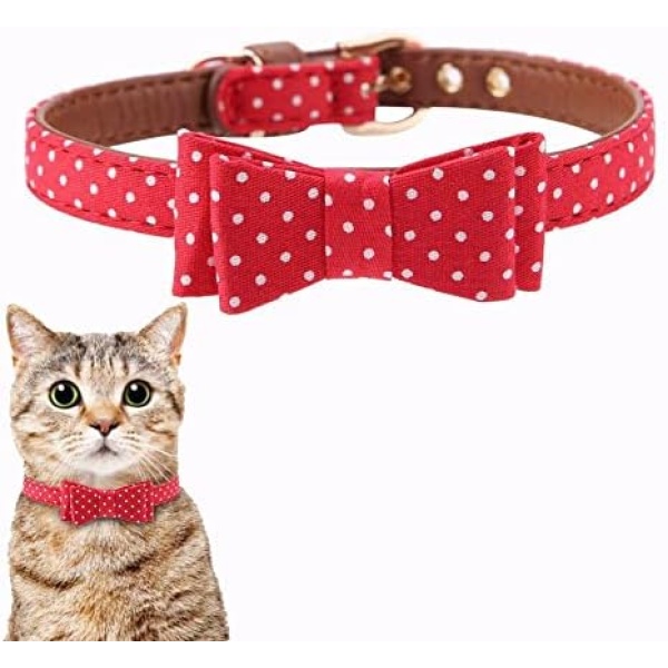 Pet Cat Dog Polka Dot Collar Adjustable Dog Cat Collar Classic Puppy Bowtie Adjustable PU Leather Dog Bow Tie for Small Middle Cat Dog(1.3 * 32cm-Red)