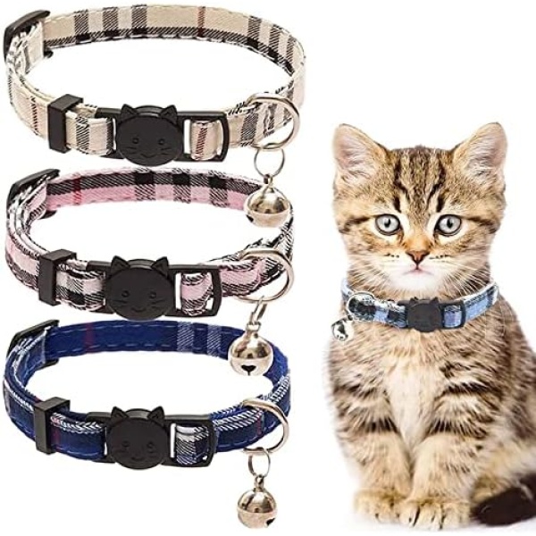 Plaid Cat Collar Breakaway with Bell, 3PCS Kitten Collars with Removable Bell Adjustable 8-11 Inches for Kitty, Puppy