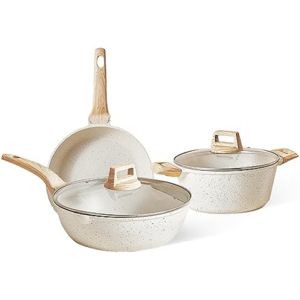 Pots and Pans Set Nonstick, 3pcs White Induction Kitchen Cookware Sets with Light Wood Handles, Induction Pots and Pans with Glass Lid,Dishwasher/Oven Safe