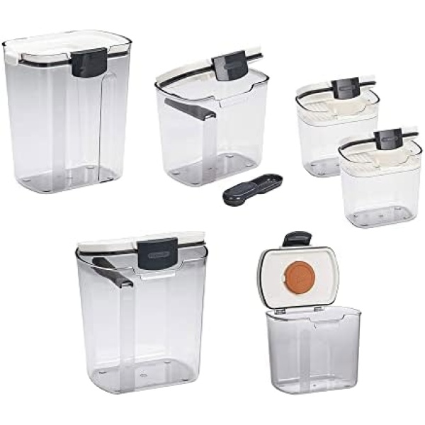 Progressive Prepworks ProKeeper 6 Piece Kitchen Clear Plastic Airtight Food Flour And Sugar Storage Organization Container Baking Canister Set, White