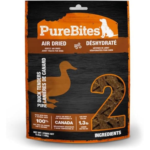 PureBites Gently Air Dried Duck Jerky Dog Treats 156g | 2 Ingredients | Made in Canada | Packaging May Vary