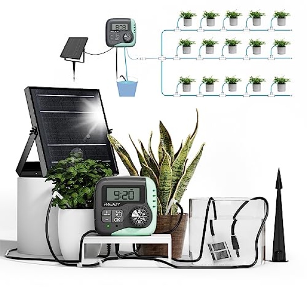 Raddy WS-1 Drip Irrigation Kit, 5W Solar Powered Automatic Watering System, Easy DIY Water Timer for Plants on The Balcony, Gardens, and Green House, Supported 15 Pots