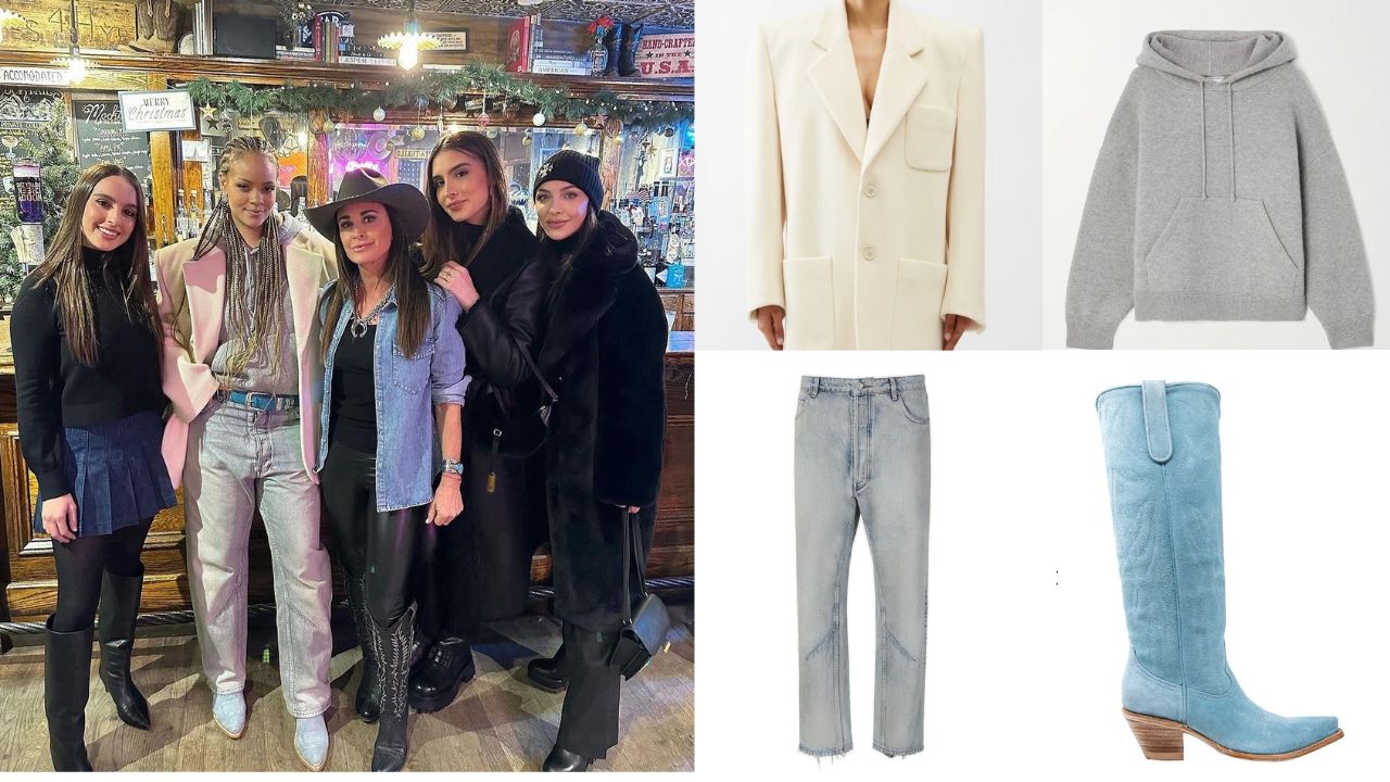 Rihanna Posed with Kyle Richards and Family in a $4,500 Cream YSL Blazer, a $3,500 Grey Bottega Cashmere Hoodie, $855 Light Washed Balenciaga Jeans, and $575 Blue Suede Kemo Sabe Boots