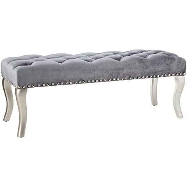 Roundhill Furniture Decor Maxem Tufted Fabric Upholstered Seat with Nailhead Trim Bench, Gray