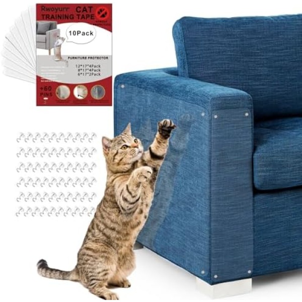 Rwoyurr Cat Scratch Protector, 10 Pack XXL Couch Protectors for Cats, Anti Scratch Furniture Sofa Protector Cat Scratch Scratching Deterrent Guard Shield Clear Adhesive Cat Training Tape Plastic Cover