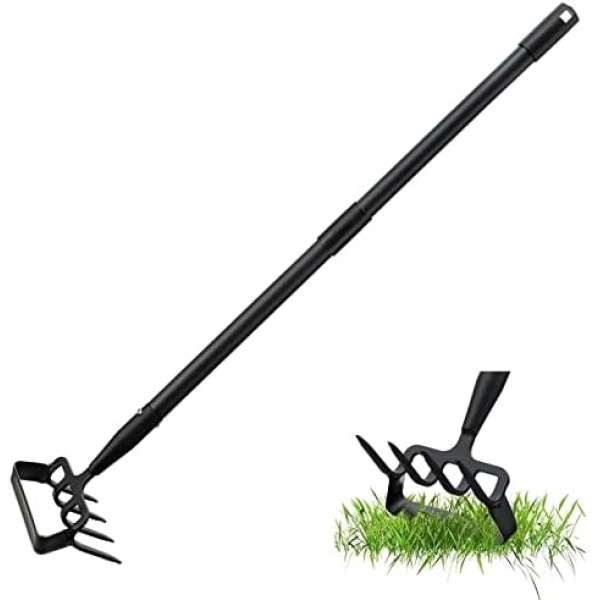 Stirrup Hoe and Cultivator for Weeding, 2 in 1 Heavy Duty Action Hoe with 63 Inch Adjustable Handle Scuffle Garden Hula Hoe with Rake, Metal Weeding Loop Stirrup Hoe for Weed Puller Loosening Soil