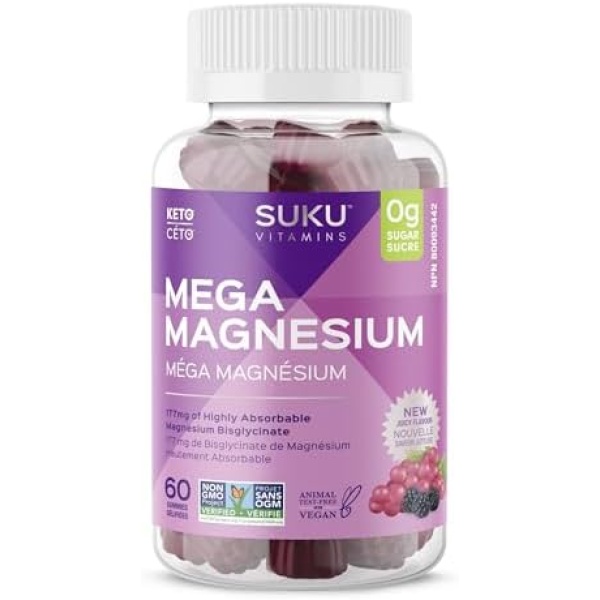 Suku Vitamins - Mega Magnesium Gummies for Muscle Function, Gummy Vitamins with 177mg of Magnesium Bisglycinate, Sugar-and-Gluten-Free, Non-Gmo, 60 Counts