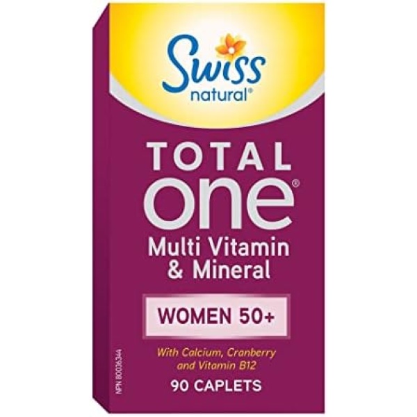 Swiss Natural Total One Multi Vitamin & Mineral | Women 50+ with Calcium, Cranberry & Vitamin B12, Without Iron | Daily Maintenance for Overall Health | No Preservatives or Dairy | 90 Caplets