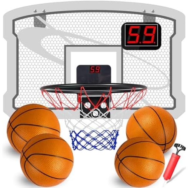 TEUVO Indoor Basketball Hoop Toys for Kids 4 5 6 7 8 9 Year Old Mini Basketball Hoop with 4 Balls Electronic Score for Over Door Room & Outdoor Panier Basketball Interieur Sport Game Toy for Boys Girl