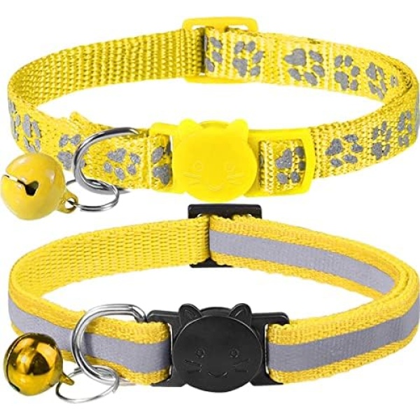 Taglory Reflective Cat Collars Breakaway with Bell, 2 Pack Girl Boy Pet Kitten Collar Adjustable 7.5-12.5 Inch Yellow