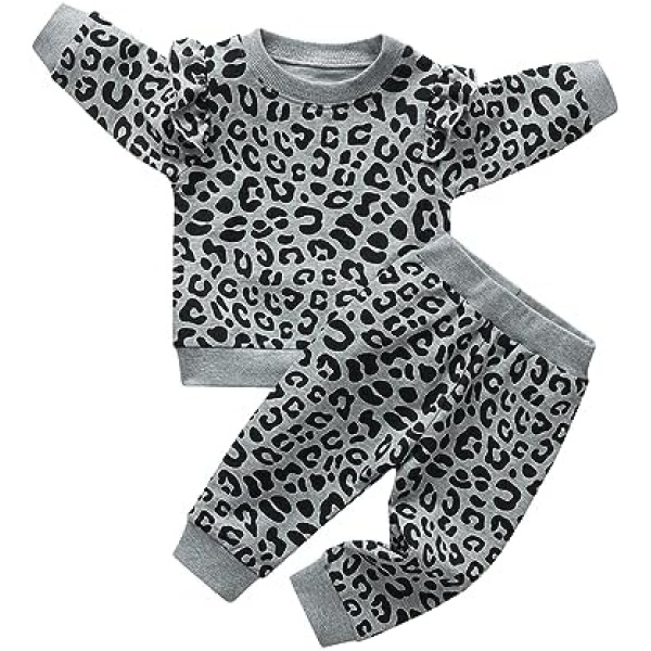 Toddler Baby Girl Clothes Outfits Long Sleeve Leopard Ruffle Long Sleeve Tee Shirt Tops Pants Outfits Set