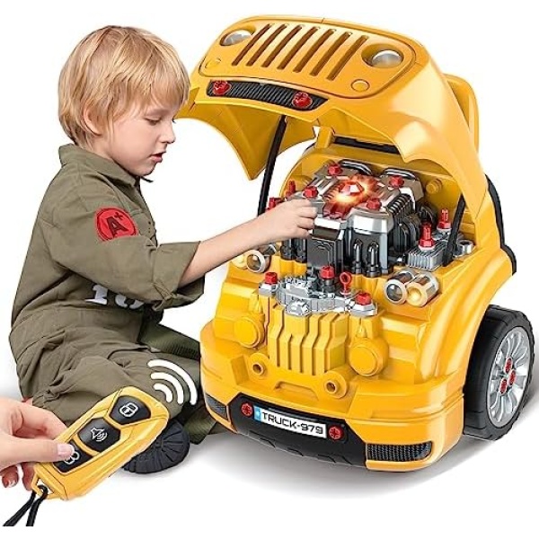 Toys for 3 4 5 6 7 8 years Old Boys, Large Truck Engine Toy, Mechanic Repair Set for Kids, Big Truck Builder Kit, Take Apart Motor Vehicle Pretent Play Car Service Station, Gifts For 3+ Year Old Boy