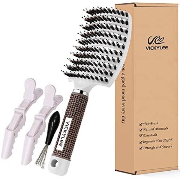 VICKYLEE Boar Bristle Hair Brush Curved and Vented and Oversize Design Detangling Hair Brush for Women Long,Thick,Curly,Wet Hair,dry hair and Tangled Hair Blow Dryer Brush (White)