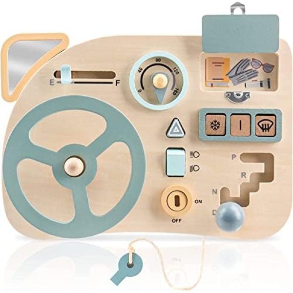 Vanplay Montessori Toy Busy Board Steering Wheel Wooden Sensory Toys for Toddler Toys 1-2 Year Old Preschool Learning Activities for Fine Motor Skills Toddler Travel Toys for 1 2 3 4 5