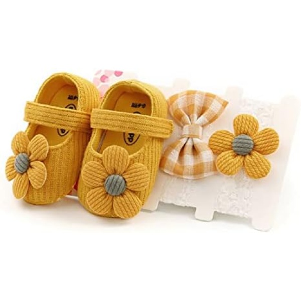 WWYY Newborn Baby Girls Flower Mary Jane Flat Shoes Soft Bottom Anti-Slip Wedding Dress Shoes First Walking Crib Shoes + 2 Headbands Gift