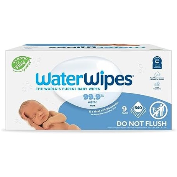 WaterWipes Plastic-Free Original Baby Wipes, 99.9% Water Based Wipes, Unscented & Hypoallergenic for Sensitive Skin, 540 Count (9 packs), Packaging May Vary