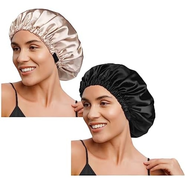YANIBEST Satin Bonnet Silk Bonnet Sleep Cap for Women Extra Large Reversible Adjustable Satin Cap Sleeping Curly Natural Hair Black&Champagne