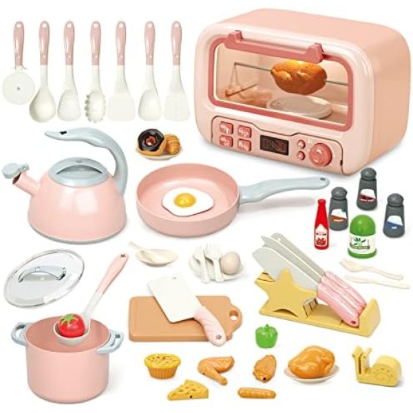 Yalujumb Microwave Kitchen Playset,Kids Pretend Play Electronic Oven with Play Food,Kids Cookware Pot and Pan Toy Set, Cooking Utensils,Learning Gift for Child (Pink)