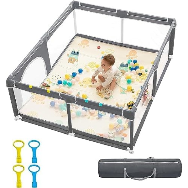 dearlomum Baby Playpen,70"x60" Extra Large Baby Playard, Playpen for Babies with Gate, 0-6 to 12 Months Baby Activity Center, Sturdy Safety Playpen with Soft Mesh,Playpen for Toddlers(Gray)