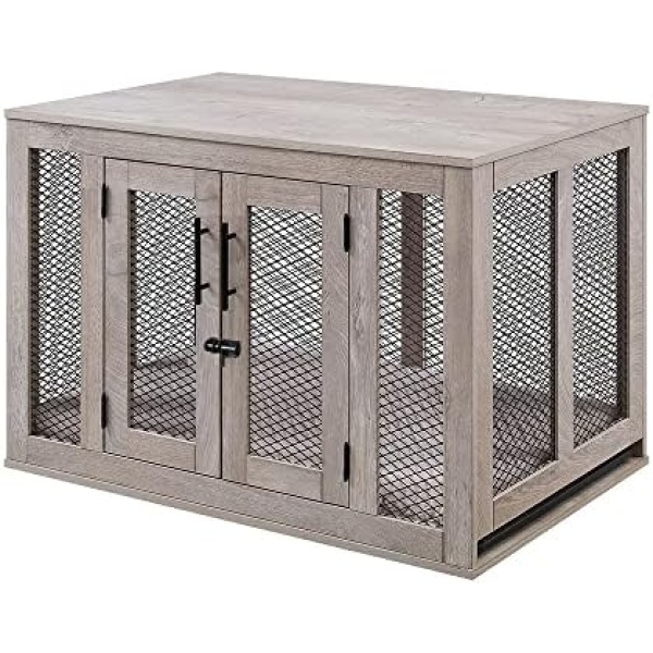 unipaws Medium Dog Crate End Table, 36 Inch Dog Crate with Tray and Cushion, Indoor Dog House, Weathered Gray