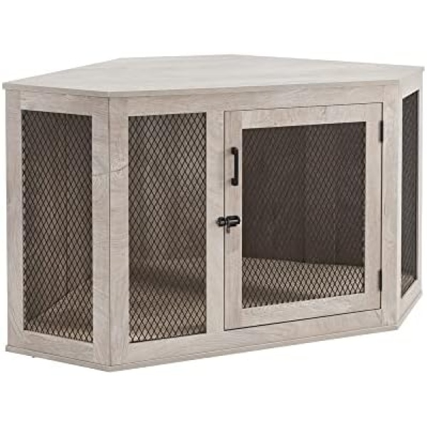 unipaws Medium Dog Crate Furniture with Cushion, Decorative Pet Crate for Corners, Dog Kennel House Indoor, Weathered Grey, Medium