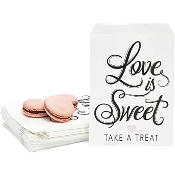 100 Pack Love Is Sweet Treat Bags for Wedding, Bridal Shower, Valentine's (5 x 7.5 In)