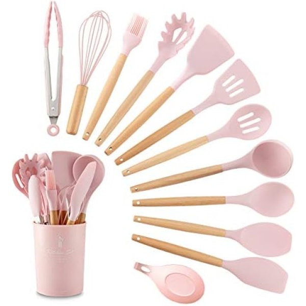 13 Pieces Silicone Kitchen Cooking Utensils Set: Wood Handle Kitchen Spatula Set - Heat Resistant Kitchen Gadgets Tools for Non-Stick Cookware(Pink)
