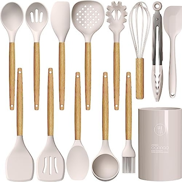 14 Pcs Silicone Cooking Utensils Kitchen Utensil Set - 446°F Heat Resistant,Turner Tongs, Spatula, Spoon, Brush, Whisk, Wooden Handle Kitchen Gadgets with Holder for Nonstick Cookware (BPA FREE Khaki)